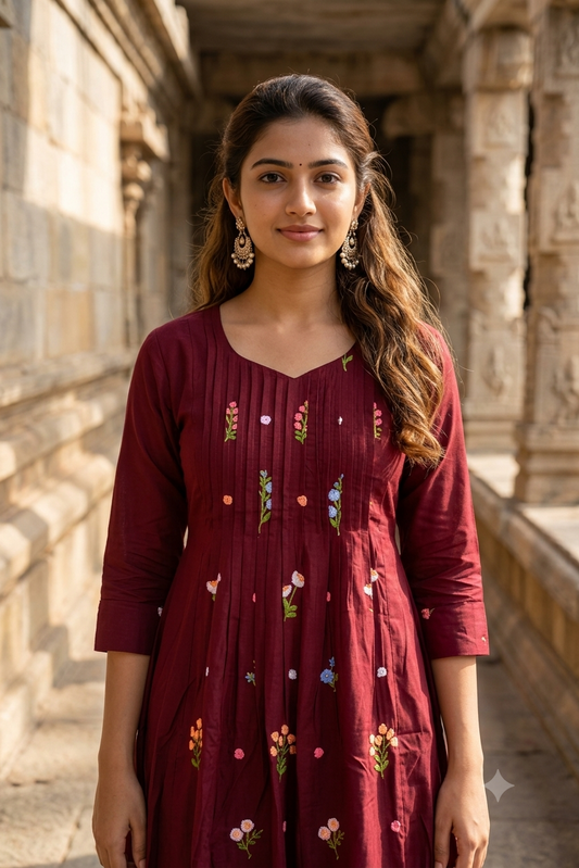 Wine Maroon Embroidered Pintuck A-Line Kurti (IB0498)