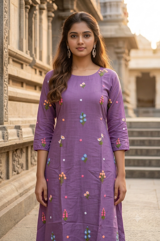 Mauve Lavender Hand-Embroidered Floral Motif Flared A-Line Kurti (IB0504)