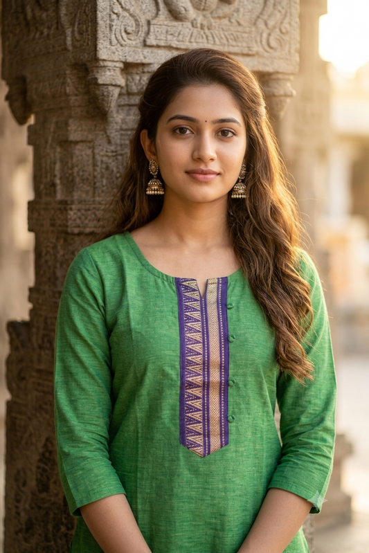 Traditional Green & Deep Blue Chettinad Cotton Straight Kurti (IB0477)