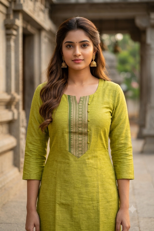 Olive Green Woven Border chettinadu Cotton Kurti (IB0479)