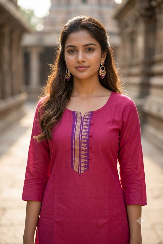 Magenta Pink Straight Chettinadu Cotton Kurti with Zari Border (IB0479)