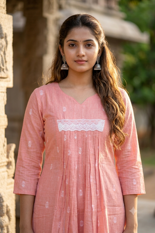 Peach Cotton Printed Co-ord Set with Lace Yoke Detail (IB0516)