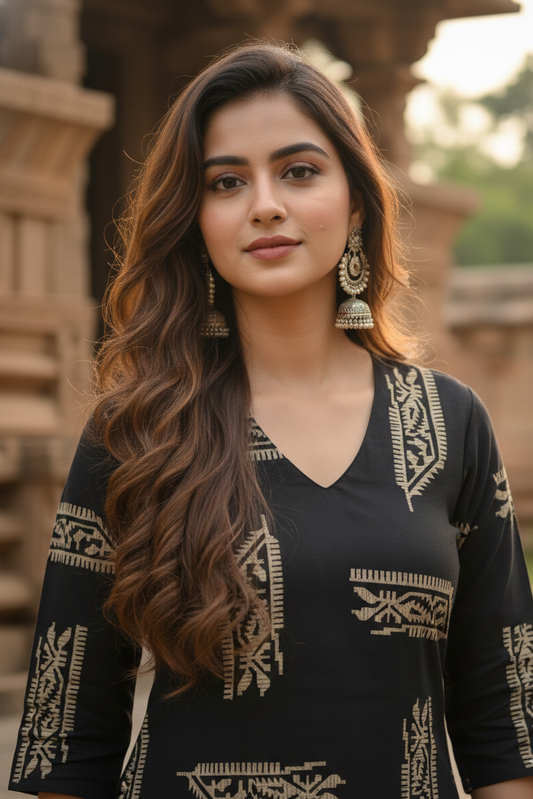 Elegant Black Printed Ethnic Kurti (IB0295)