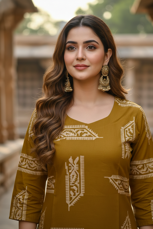 Mustard Yellow Printed Ethnic Cotton Kurti (IB0297)