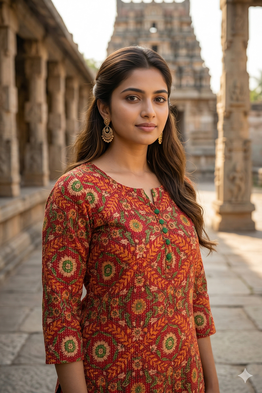 Rust Orange Floral Cotton Kurti (IB0373)