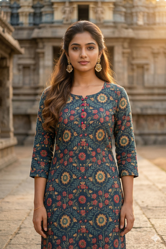 Navy Blue Floral Cotton Kurti (IB0379)