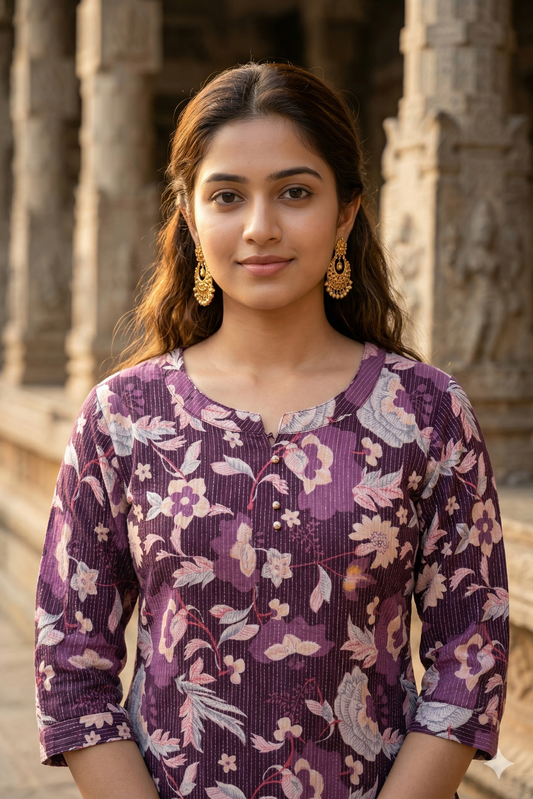 Deep Purple Floral Pure Cotton Kurti (IB0392)