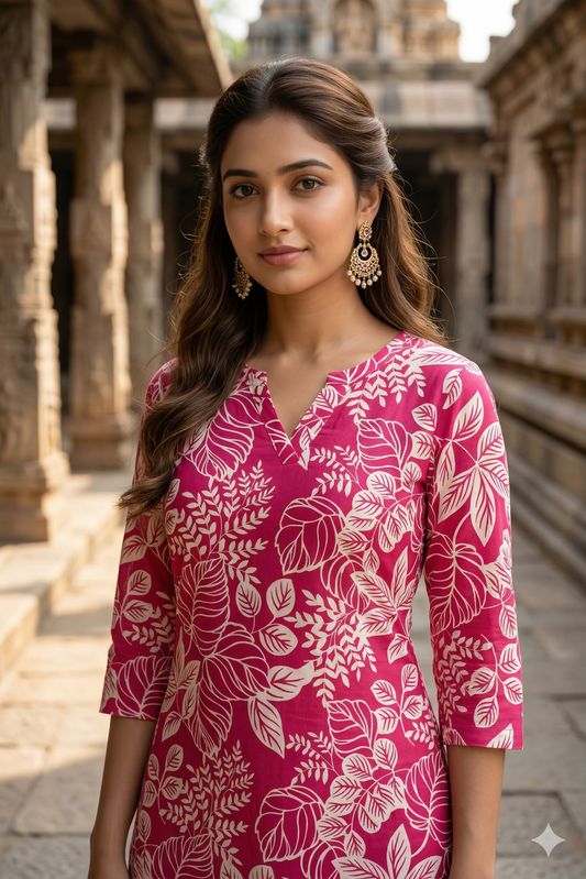 Magenta Pink Leaf Print Daily Wear (IB0385)
