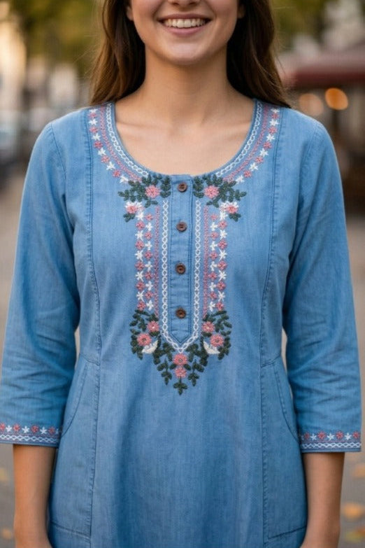 Floral Embroidered Denim Dress (IB0308)