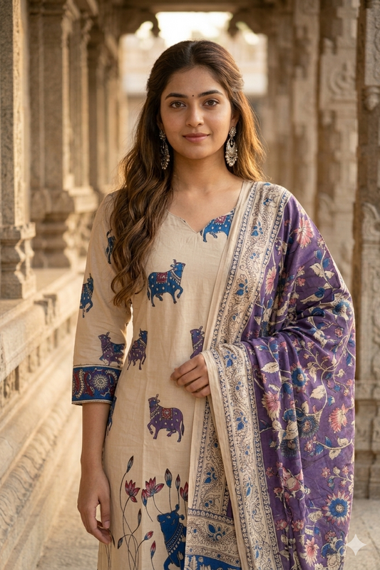 Beige Kalamkari Nandi Print Cotton Kurti with Floral Dupatta (IB0519)