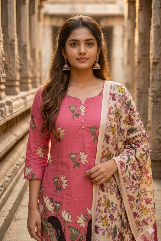 Rose Pink Lotus Block Print Kalamkari Kurti Set with Dupatta (IB0520)