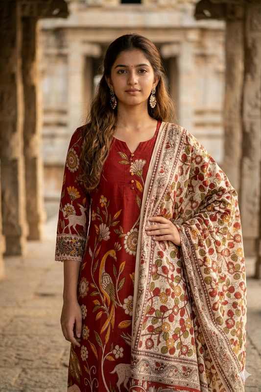 Deep Red & Cream Kalamkari Peacock Print Kurti Dupatta Set (IB0523)