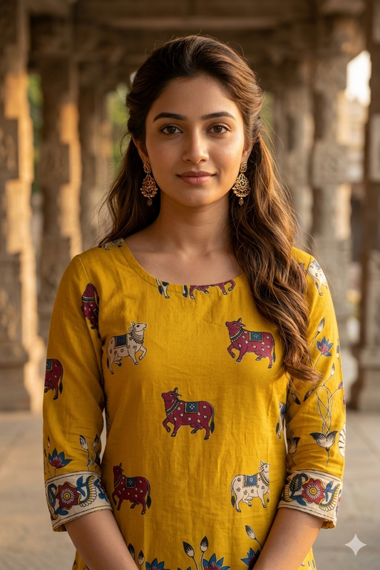 Mustard Yellow Pichwai Nandi Print Kalamkari Set With Dupatta (IB0525)