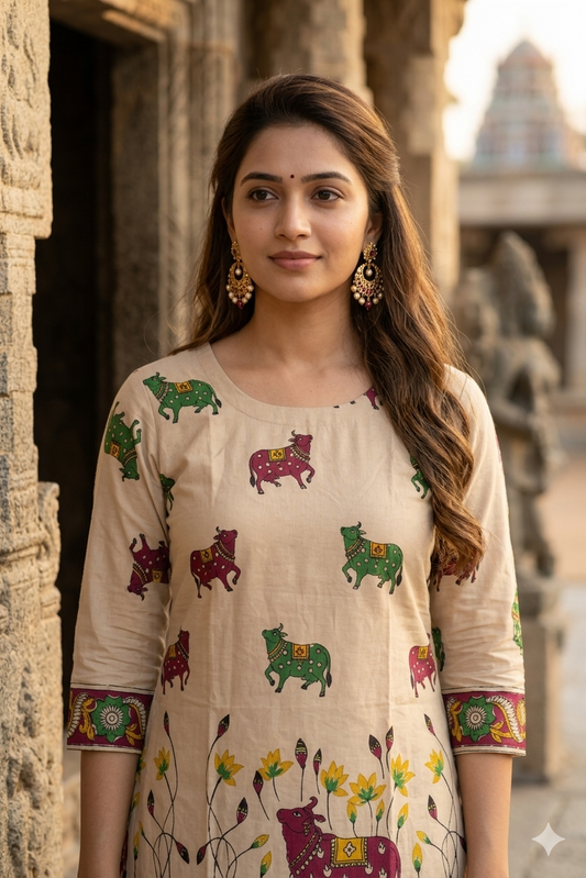 Beige Pichwai Nandi Kurti with Contrast Green Kalamkari Dupatta (IB0526)