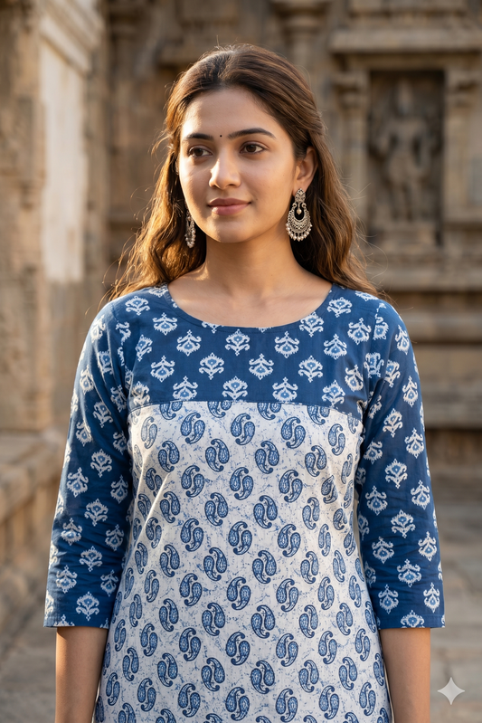 Indigo Blue Paisley and Ikat Motif Cotton Co-ord Set (IB0432)