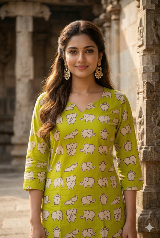 Lime Green Elephant Kalamkari (IB0323)