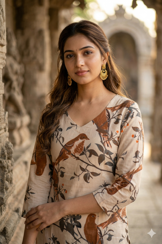 Beige Earth Tone Bird Kalamkari (IB0343)