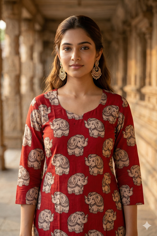 Red & Beige Elephant Print Kalamkari (IB0346)