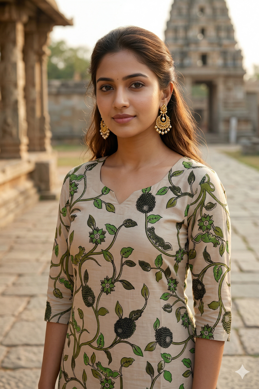 Beige Botanical Kalamkari (IB0349)