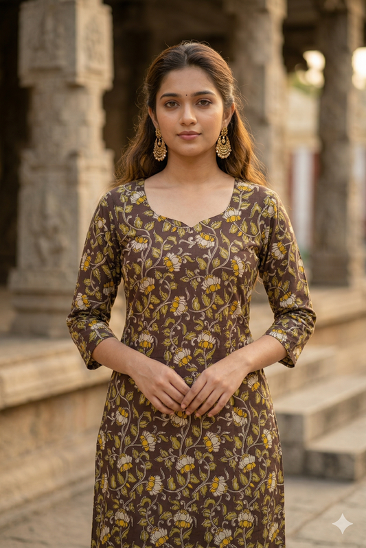 Chocolate Brown Floral Kalamkari (IB0351)
