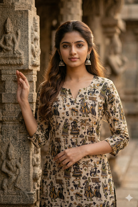 Beige Earth Tone Figurative Kalamkari (IB0354)