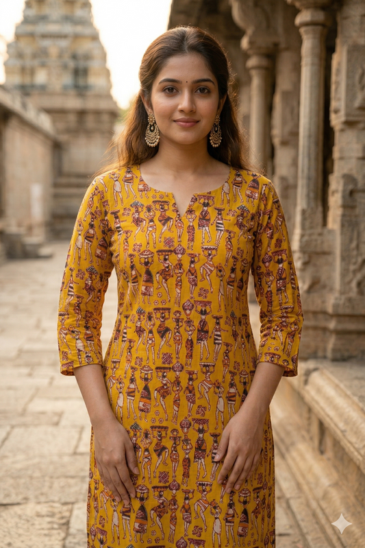 Mustard Yellow Figurative Kalamkari (IB0313)