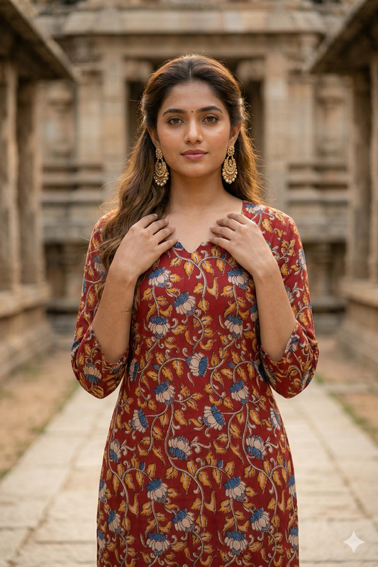 brick red blue floral kalamkari Kurti (IB0370)
