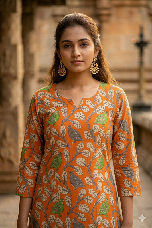Orange Bird Kalamkari Print (IB0393)