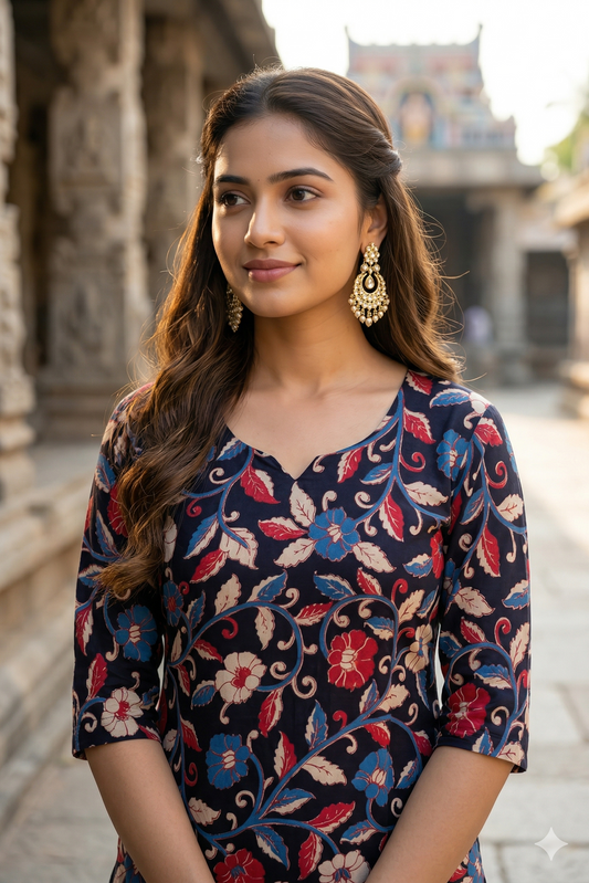 Dark Blue Multi-Color Floral Kalamkari (IB0403)