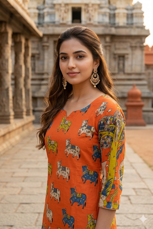 Orange Kalamkari Cow Print Cotton Kurti (IB0440)