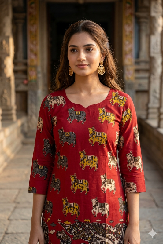 Maroon Kalamkari Cow Print Cotton Kurti (IB0445)