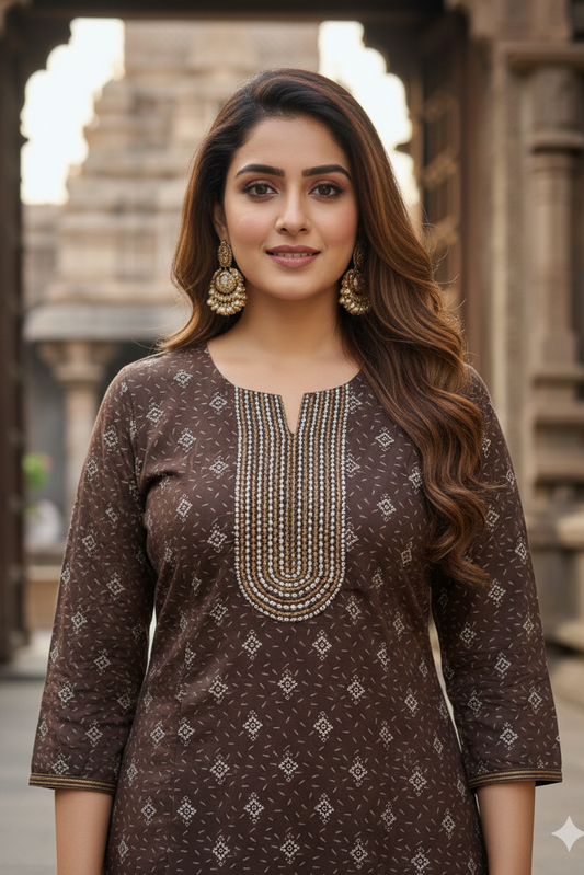Dark Brown Bandhani Printed Kurti Office Wear (IB0451)