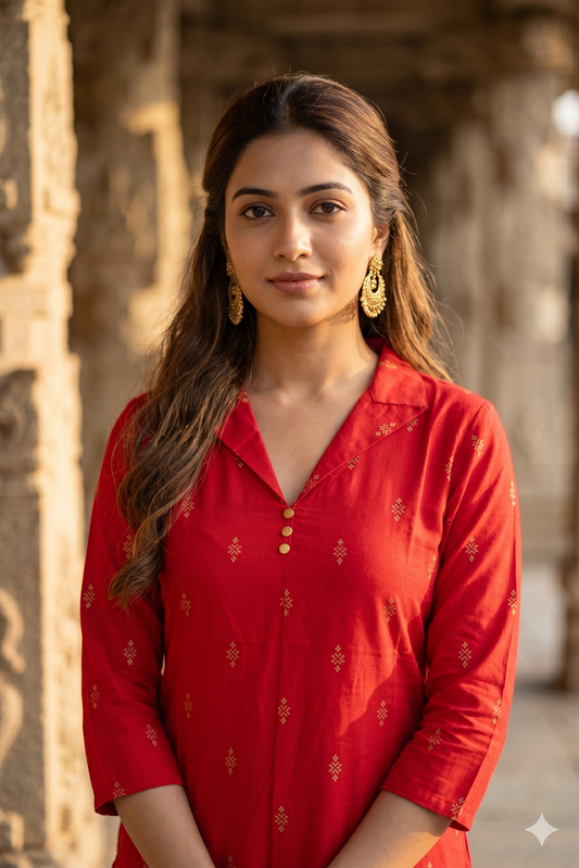 Red Shirt-Collar Geometric Print Office Wear Kurti (IB0460)