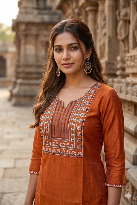 Rust Orange Neck-Embroidered Office Wear Kurti (IB0464)
