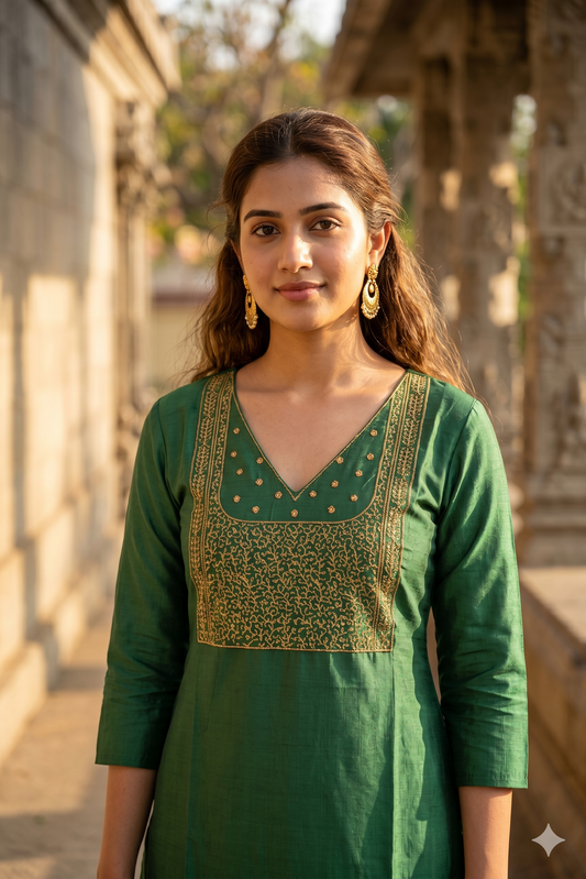 Dark Green Straight Kurti with Gold Neck Embroidery (IB0466)