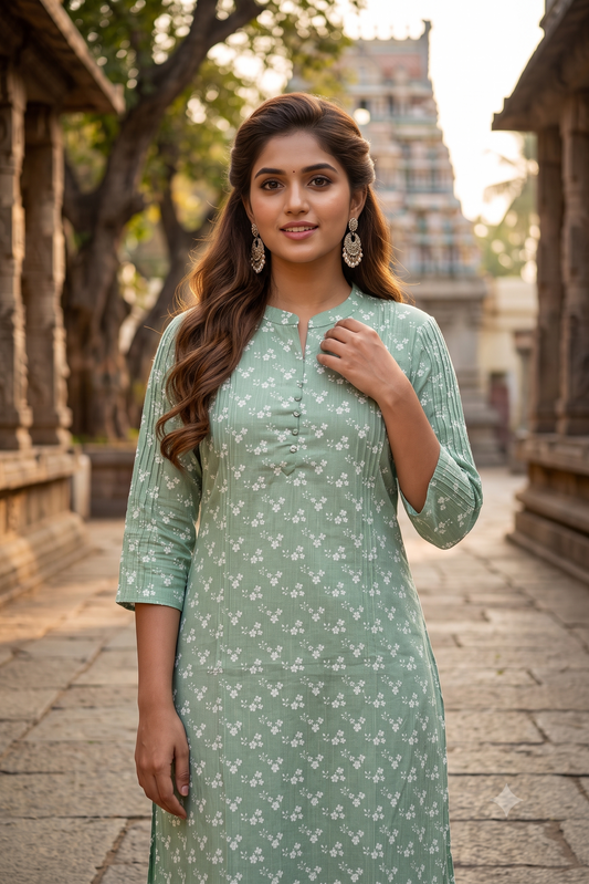Sage Green Floral Popcorn Kurti (IB0538)