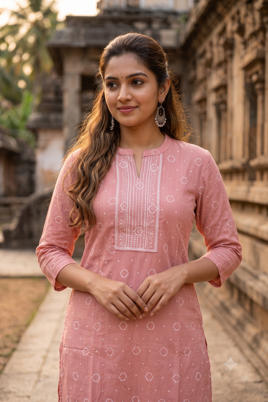 Dusty Rose Geometric Print Popcorn Kurti (IB0543)