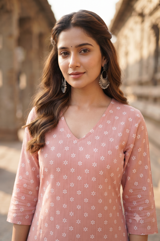 Peach Floral Print Popcorn Kurti (IB0547)