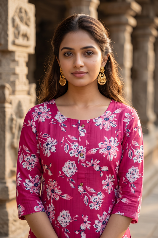 Magenta Pink Floral Print Popcorn Kurti (IB0548)