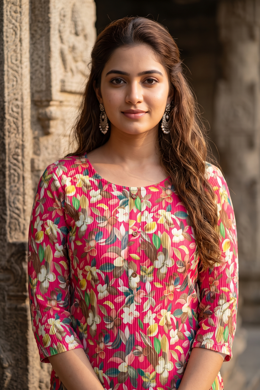 Fuchsia Pink Botanical Floral Print Popcorn Kurti (IB0549)