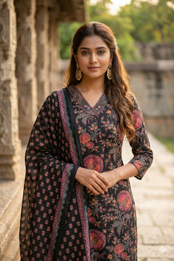 Charcoal Black Floral Printed Matching Pant Salwar Suit Set (IB0527)