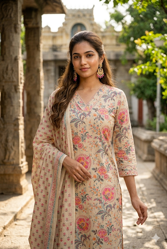 Beige & Coral Pink Floral Print Cotton Salwar Suit Set (IB0528)