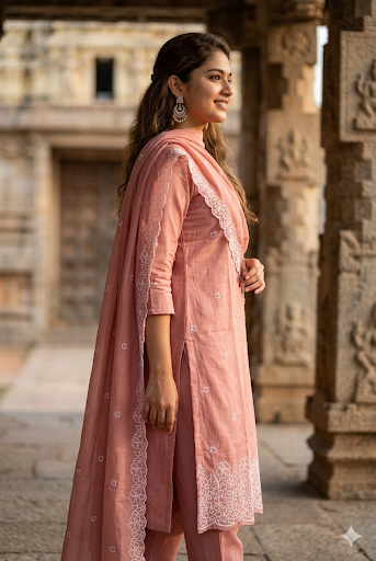 Peach Pink Kurti Set with White Cutwork Embroidery (IB0529)