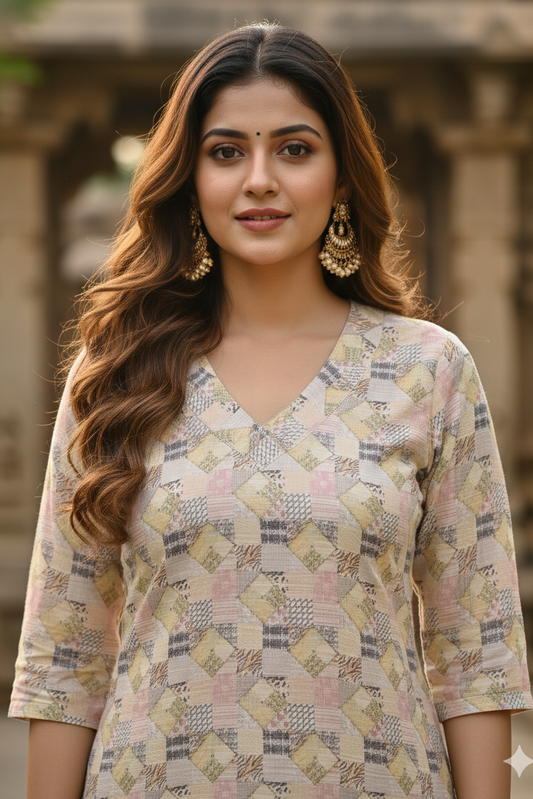 Pastel Geometric Patchwork Tissue Kurti (IB0413)