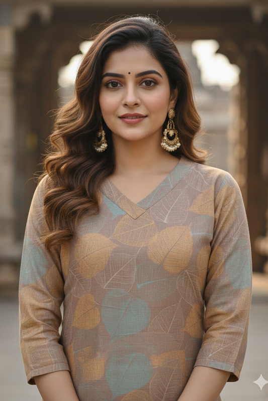 Taupe Mustard Leaf Print Tissue Kurti (IB0414)