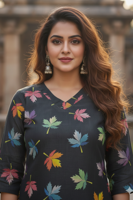 Black Multi Color Leaf Print Tissue Kurti (IB0416)