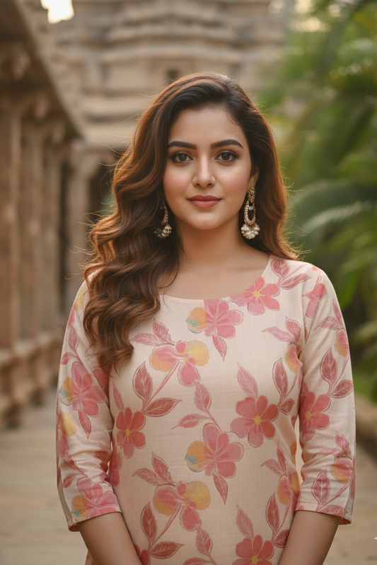 Cream Rose Peach Floral Print Tissue Kurti (IB0417)