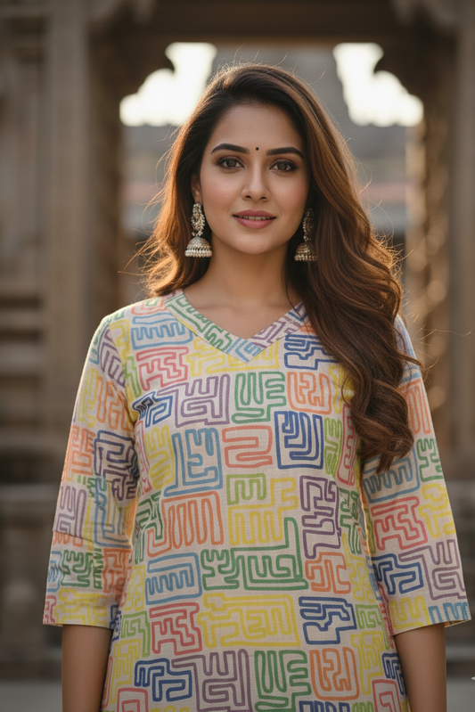 Multi Color Maze Print Tissue Kurti (IB0420)