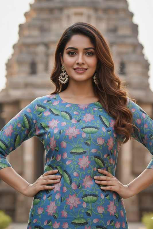 Sky Blue Pink Lotus Print Tissue Kurti (IB0422)