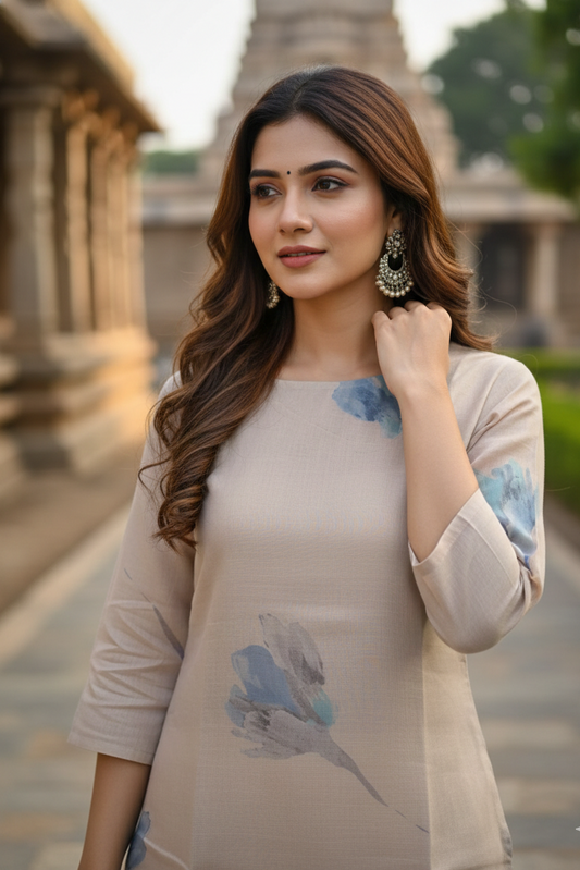 Beige Blue Watercolor Floral Tissue Kurti (IB0429)